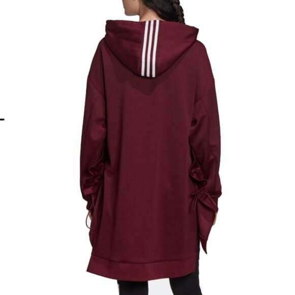 Adidas Originals X J Koo Trefoil Ruffle Hoodie Tunic Sweatshirt S Burgundy - Picture 2 of 15